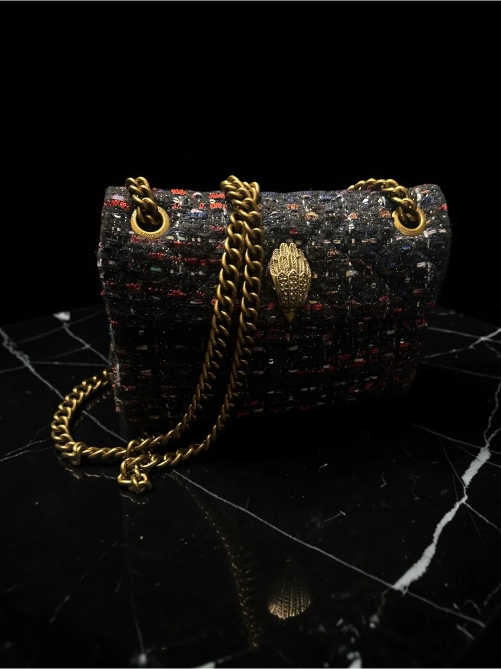 Woven Tweed Chain Shoulder Bag in Black and Multicolor